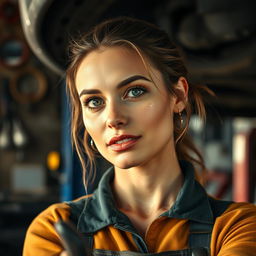 A beautiful woman in her 30s working in an auto repair shop