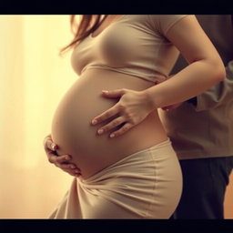 A faceless portrait of a pregnant woman gently resting her hand on her baby bump, exuding a serene and nurturing aura