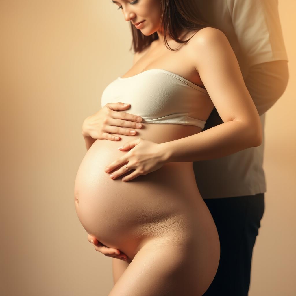 A faceless portrait of a pregnant woman gently resting her hand on her baby bump, exuding a serene and nurturing aura