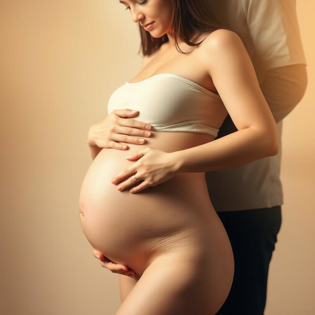 A faceless portrait of a pregnant woman gently resting her hand on her baby bump, exuding a serene and nurturing aura
