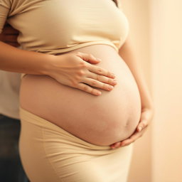 A faceless portrait of a pregnant woman gently resting her hand on her baby bump, exuding a serene and nurturing aura