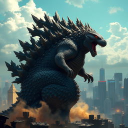 A colossal Godzilla towering over a cityscape, with its scales glistening in the sunlight, showcasing its iconic spiky back