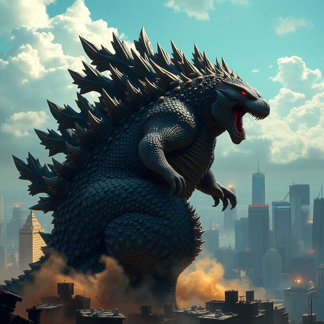 A colossal Godzilla towering over a cityscape, with its scales glistening in the sunlight, showcasing its iconic spiky back