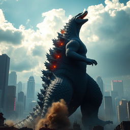 A colossal Godzilla towering over a cityscape, with its scales glistening in the sunlight, showcasing its iconic spiky back