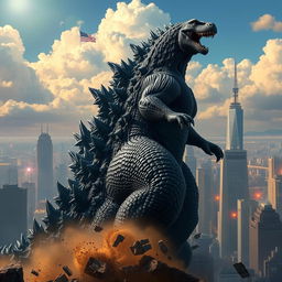 A colossal Godzilla towering over a cityscape, with its scales glistening in the sunlight, showcasing its iconic spiky back