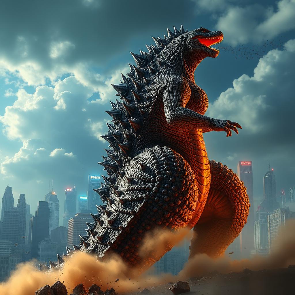 A colossal Godzilla towering over a cityscape, with its scales glistening in the sunlight, showcasing its iconic spiky back