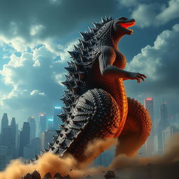 A colossal Godzilla towering over a cityscape, with its scales glistening in the sunlight, showcasing its iconic spiky back