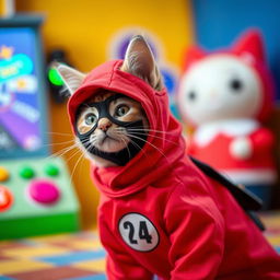 A cute cat dressed in a Squid Game player suit, complete with the iconic red outfit, black mask, and number on the chest
