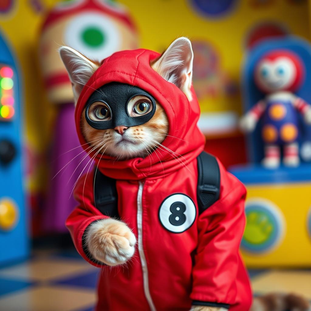 A cute cat dressed in a Squid Game player suit, complete with the iconic red outfit, black mask, and number on the chest