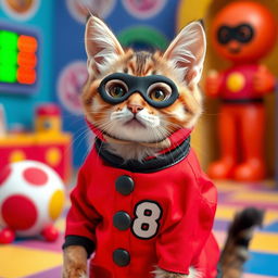 A cute cat dressed in a Squid Game player suit, complete with the iconic red outfit, black mask, and number on the chest