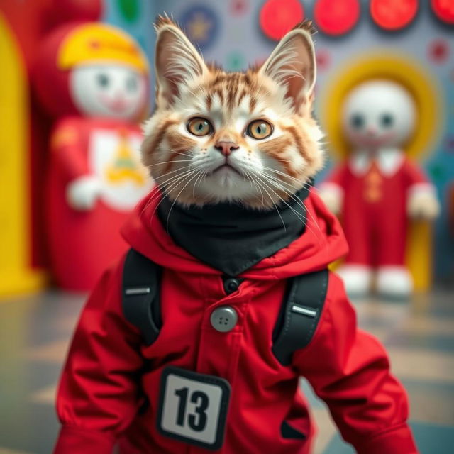 A cute cat dressed in a Squid Game player suit, complete with the iconic red outfit, black mask, and number on the chest