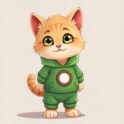 A cute and fluffy standing cat wearing a green Squid Game player suit, complete with the iconic circle emblem on the chest