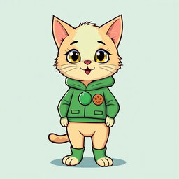 A cute and fluffy standing cat wearing a green Squid Game player suit, complete with the iconic circle emblem on the chest