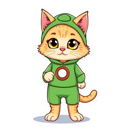 A cute and fluffy standing cat wearing a green Squid Game player suit, complete with the iconic circle emblem on the chest