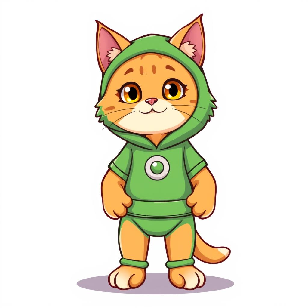 A cute and fluffy standing cat wearing a green Squid Game player suit, complete with the iconic circle emblem on the chest