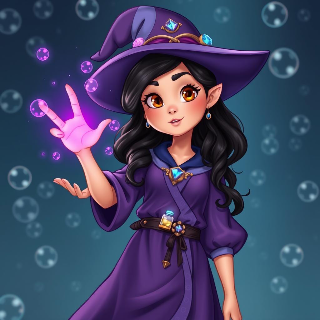 A full-body image of a young sorceress in a style inspired by classic animated art, radiating youthful and adventurous energy
