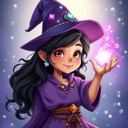 A full-body image of a young sorceress in a style inspired by classic animated art, radiating youthful and adventurous energy