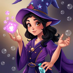 A full-body image of a young sorceress in a style inspired by classic animated art, exuding youthful and adventurous energy