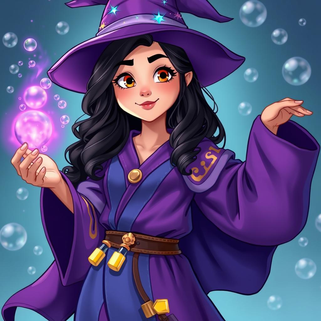 A full-body image of a young sorceress in a style inspired by classic animated art, exuding youthful and adventurous energy