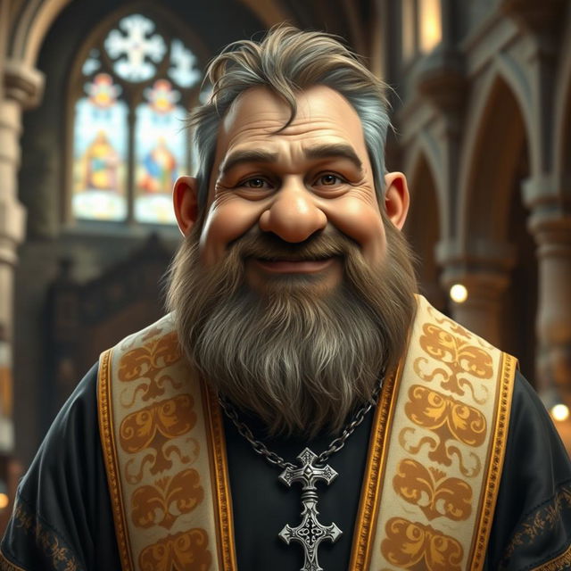 A stout dwarf priest with a round face and a friendly expression, looking directly at the camera