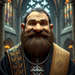 A stout dwarf priest with a round face and a friendly expression, looking directly at the camera