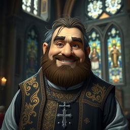 A stout dwarf priest with a round face and a friendly expression, looking directly at the camera