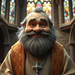 A stout dwarf priest with a round face and a friendly expression, looking directly at the camera