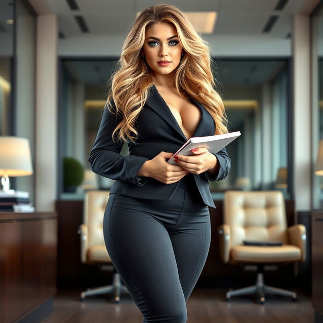 A full-length, head-to-toe portrait of a sexy and beautiful young woman with a curvy figure