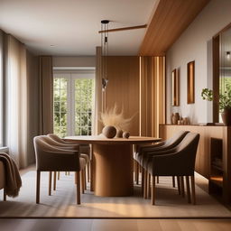 Design a 7.50m x 4.00m residential living room reception area, decorated in a modern style with inviting, warm and cozy furniture, inclusive of an impressive dining table.