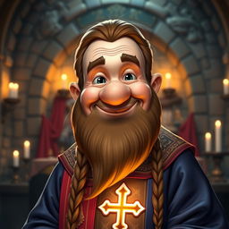 A friendly dwarf priest with a warm smile, looking directly at the camera