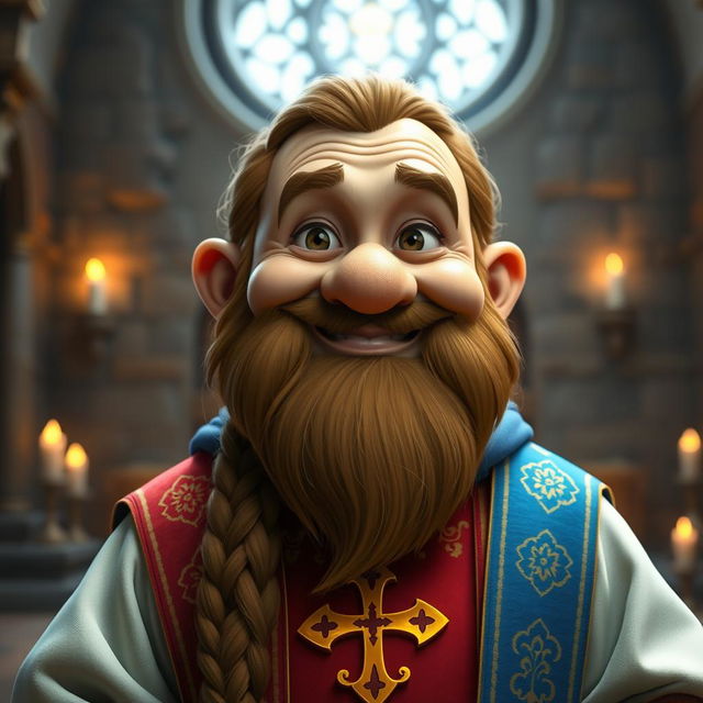 A friendly dwarf priest with a warm smile, looking directly at the camera