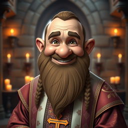 A friendly dwarf priest with a warm smile, looking directly at the camera