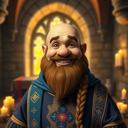 A friendly dwarf priest with a warm smile, looking directly at the camera