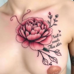 A beautifully detailed tattoo design featuring a large peony starting at the edge of a collarbone and sprawling over a chest