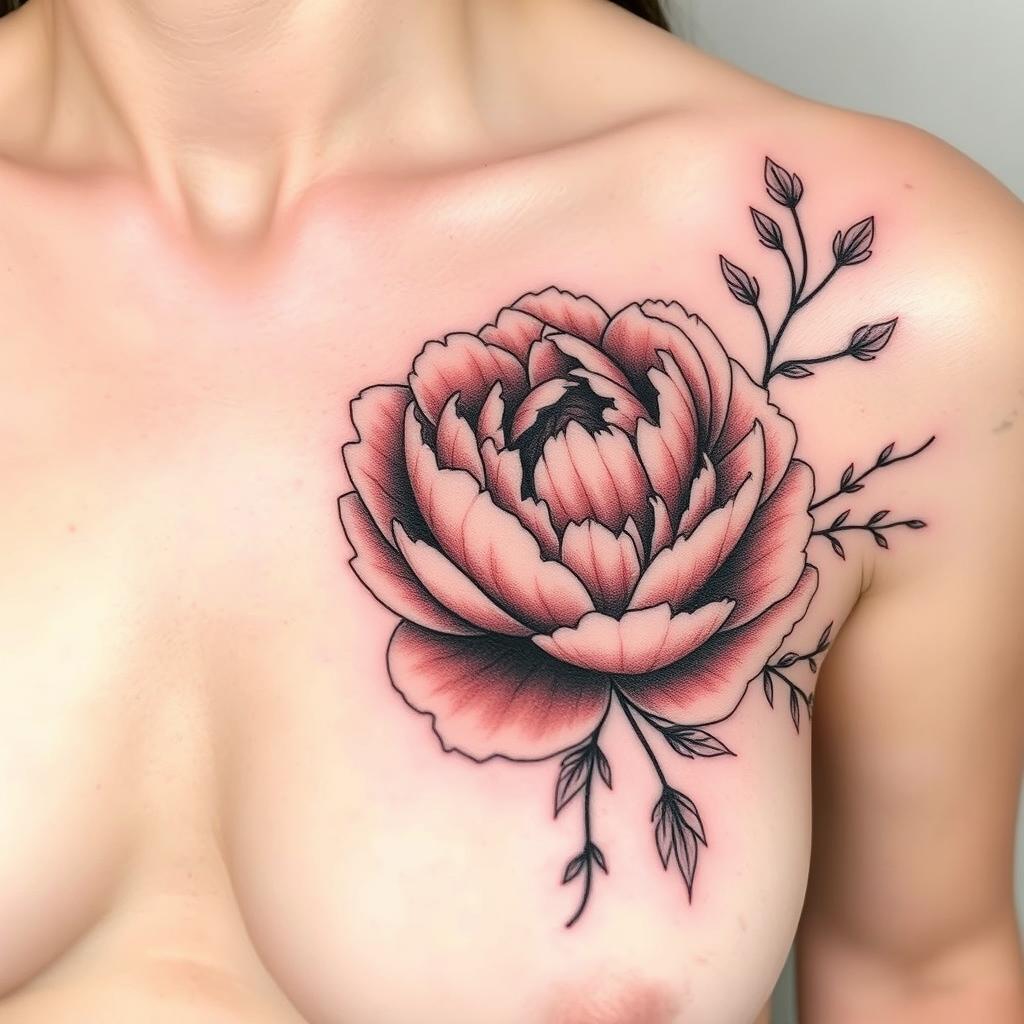 A beautifully detailed tattoo design featuring a large peony starting at the edge of a collarbone and sprawling over a chest