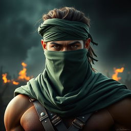 A powerful portrait of a resilient warrior standing strong on the battlefield