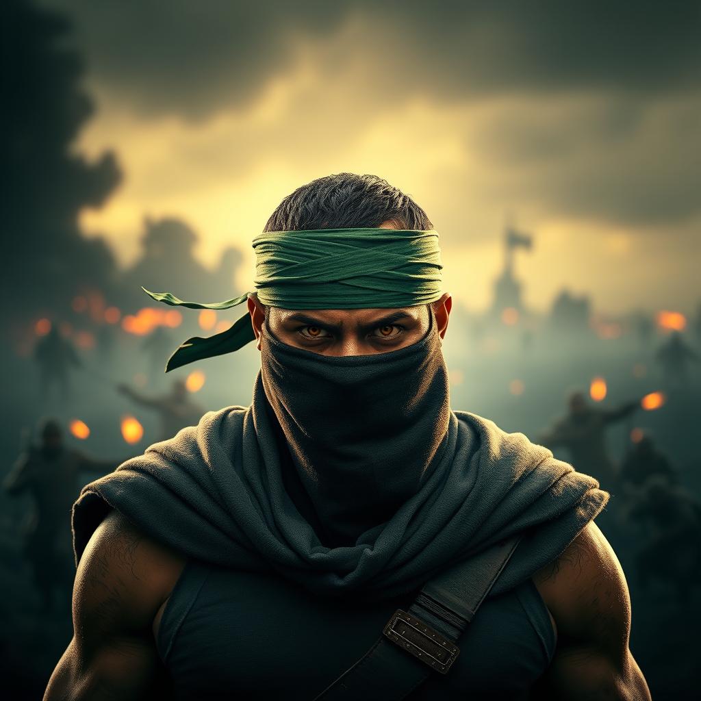 A powerful portrait of a resilient warrior standing strong on the battlefield