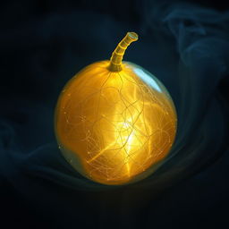A unique, mysterious, and mystical fruit that appears transparent, featuring intricate glowing threads woven throughout its form