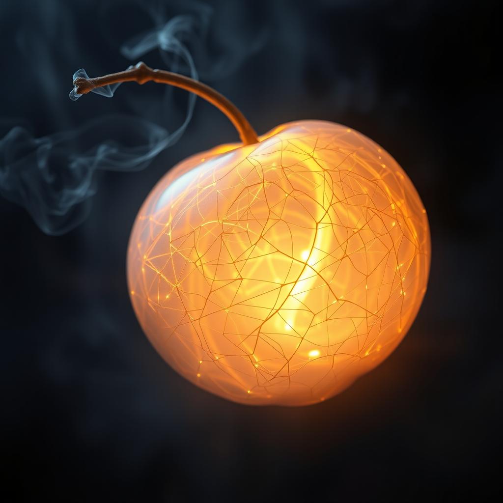A unique, mysterious, and mystical fruit that appears transparent, featuring intricate glowing threads woven throughout its form