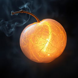 A unique, mysterious, and mystical fruit that appears transparent, featuring intricate glowing threads woven throughout its form