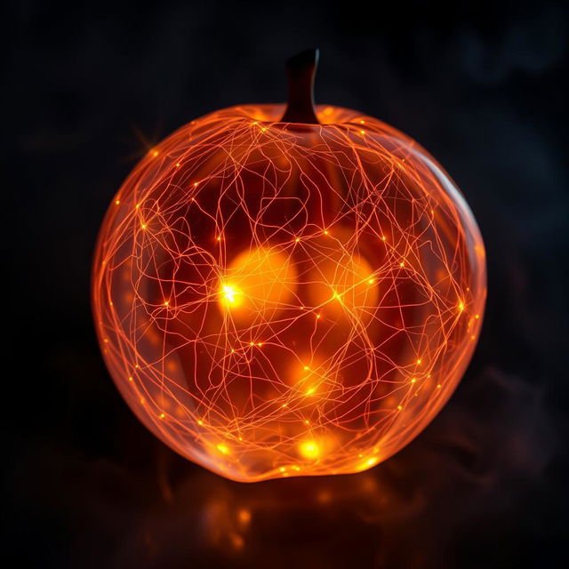 A unique, mysterious, and mystical fruit that appears transparent, featuring intricate glowing threads woven throughout its form
