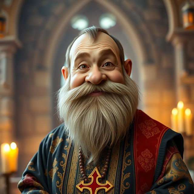 A friendly dwarf priest, captured in a friendly pose, looking directly at the camera