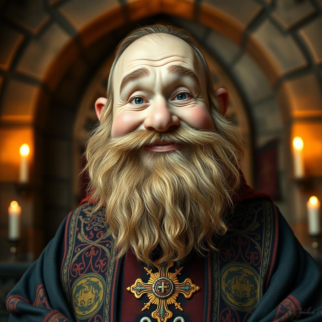 A friendly dwarf priest, captured in a friendly pose, looking directly at the camera