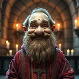 A friendly dwarf priest, captured in a friendly pose, looking directly at the camera