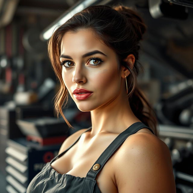 A realistic photo of a beautiful woman in her 30s working in an auto repair shop