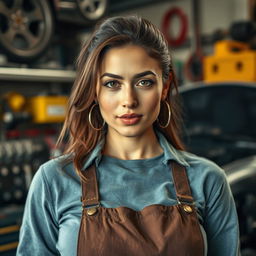 A realistic photo of a beautiful woman in her 30s working in an auto repair shop