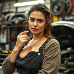 A realistic photo of a beautiful woman in her 30s working in an auto repair shop