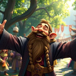 A cheerful dwarf priest with a long, braided beard, wearing ornate, colorful robes adorned with symbols of his faith