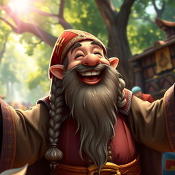 A cheerful dwarf priest with a long, braided beard, wearing ornate, colorful robes adorned with symbols of his faith
