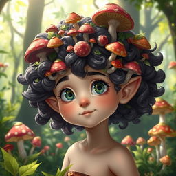 A young male halfling with a pale skin tone, featuring voluminous curly hair adorned with various vibrant mushrooms growing throughout
